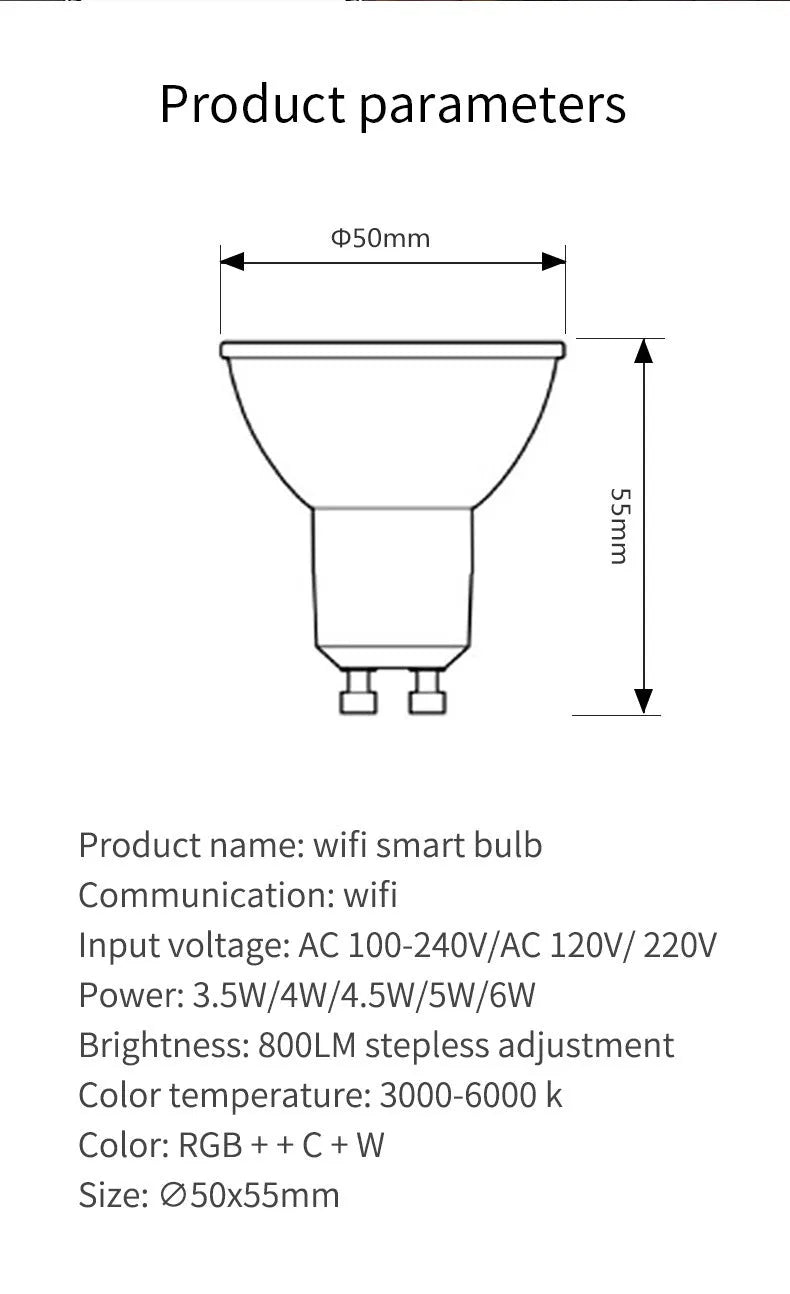 GU10 smart spotlight with RGBCCT colour mixing and WiFi connectivity for voice control