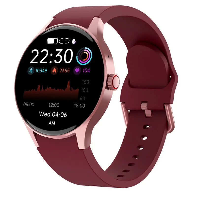 Men's and women's smart Bluetooth sport watch with round touch screen in black, blue, pink, or red colours