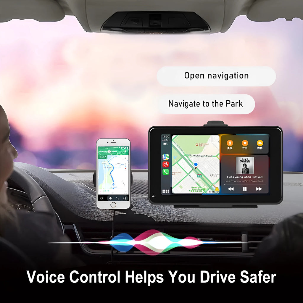 7-inch HD car screen player with universal mounting bracket and suction cup on a black background.