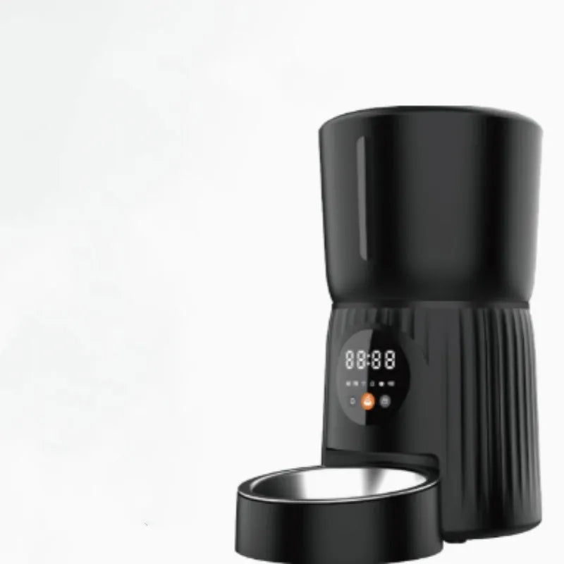 Black and white intelligent pet feeder with automatic timing and quantitative remote feeding control