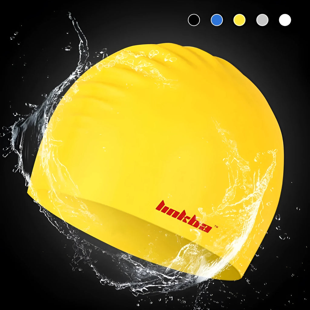 Professional silicone swimming cap with built-in waterproof earmuffs in multiple colour options.