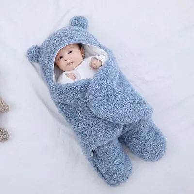 Baby newborn thickened out wrap swaddle sleeping bag in blue lamb wool, suitable for winter, size 0-3 months.