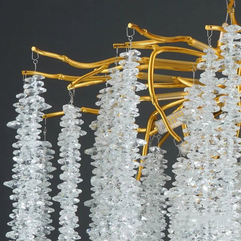 Modern crystal LED chandelier with adjustable height in a light luxury style.