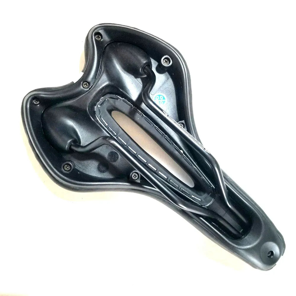 Soft silicone bicycle cushion with PU leather cover, wrench, and waterproof accessories.