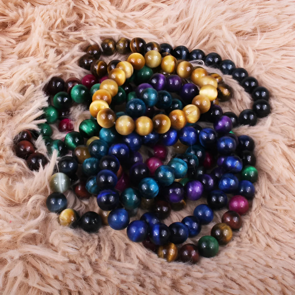 Tigereye crystal bracelet with round natural stone beads in various colours and sizes