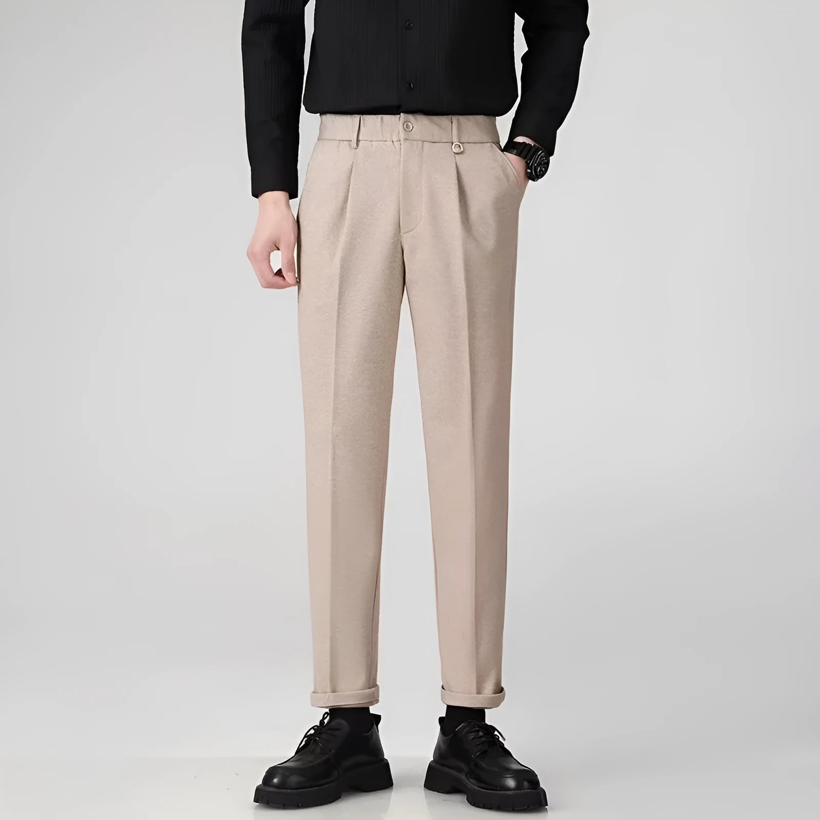 Men's straight leg trousers in polyester fabric with draped tailoring for business casual wear