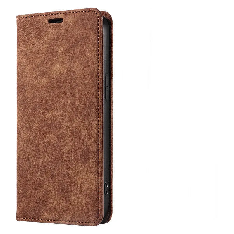 Magnetic flip phone case in leather and TPU for iPhone, shown in grey colour.