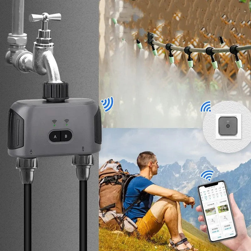 Bluetooth dual watering controller for remote mobile phone irrigation with display and hose connections