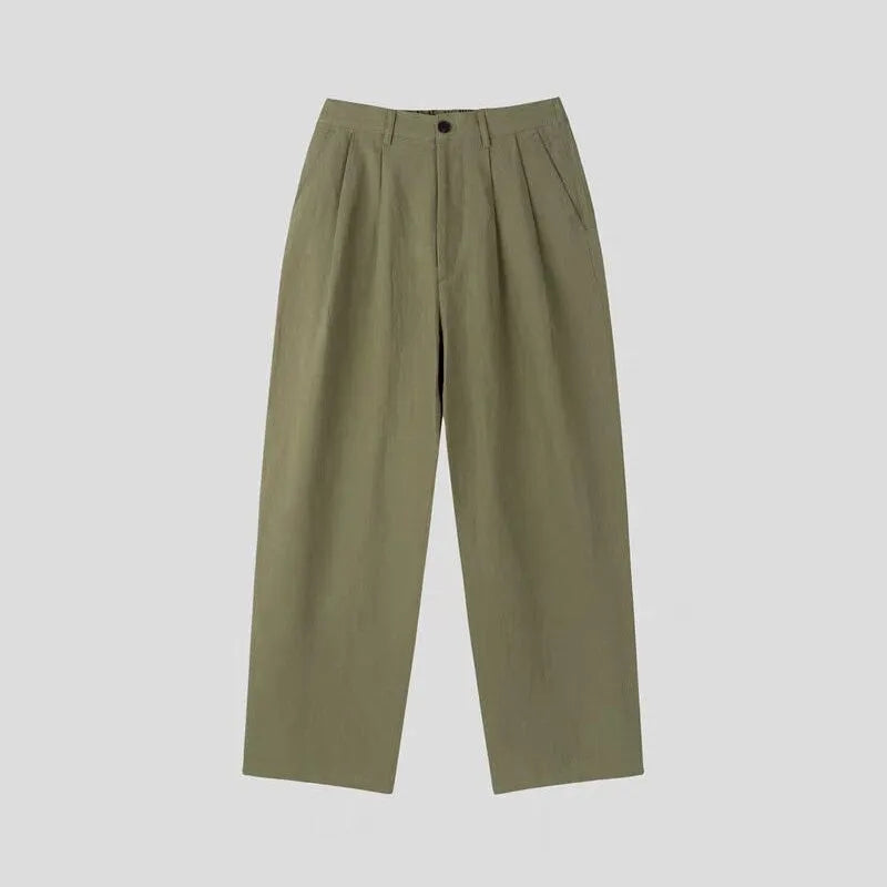 Men's loose fit cotton linen trousers in wide-leg Korean style with zip fly and elastic waist