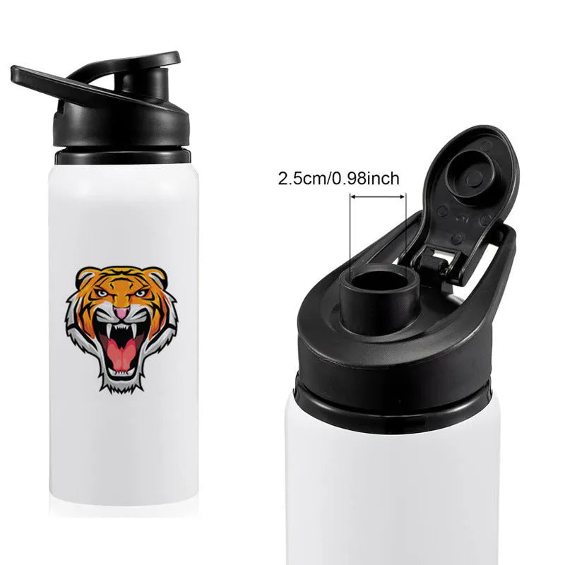 White aluminium sports water bottle with drinking spout shown in 600ml and 750ml capacity options