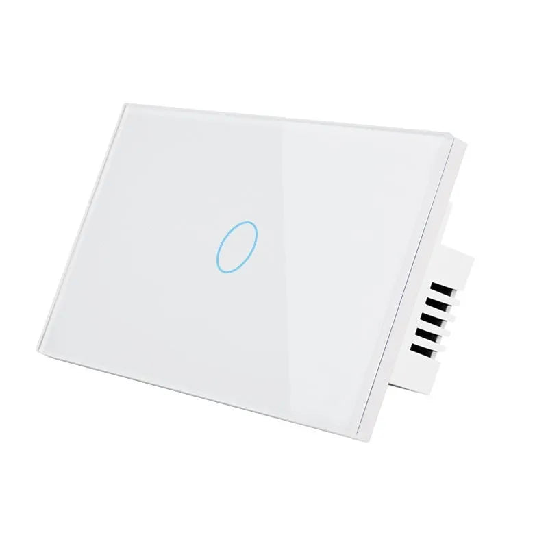 2-gang wireless RF remote touch light switch with tempered glass panel in black, white, or gold