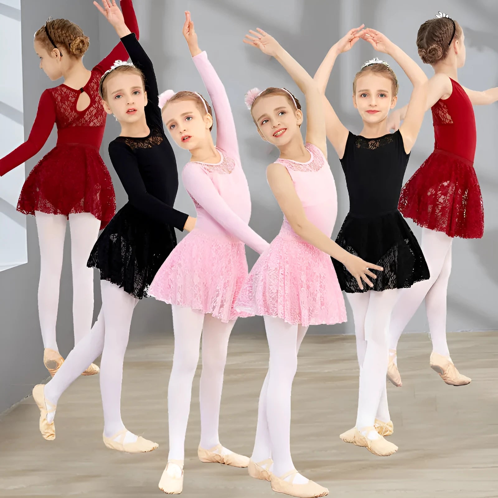 Girls short-sleeve ballet practice dress in Lycra cotton with lace and mesh trim, princess style, available in black