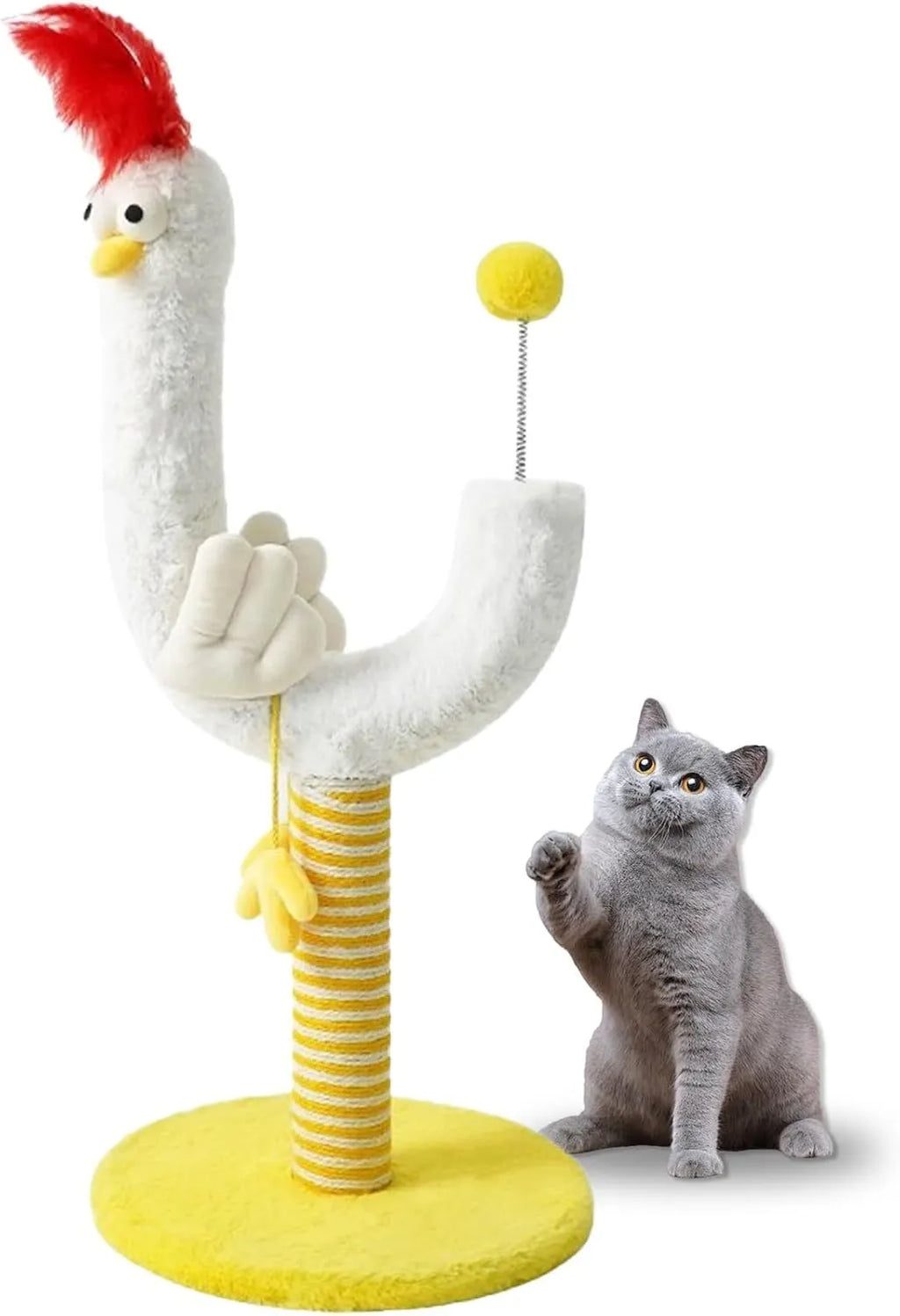 Tall yellow vertical cat scratching post with sisal rope and a spring ball toy.