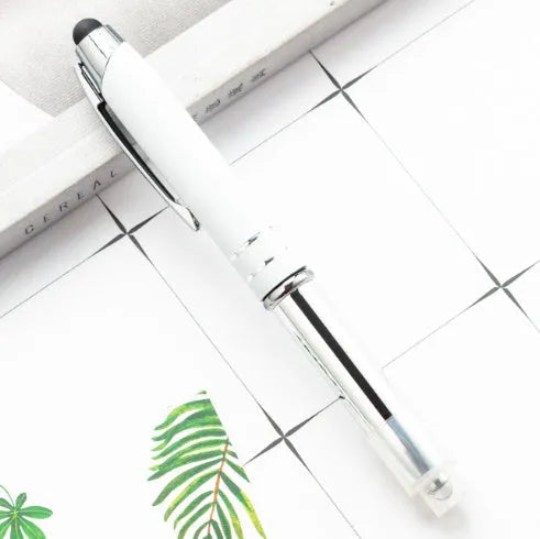 Metal multifunctional stylus pen with capacitive tip, ballpoint pen, and LED light in multiple colour options
