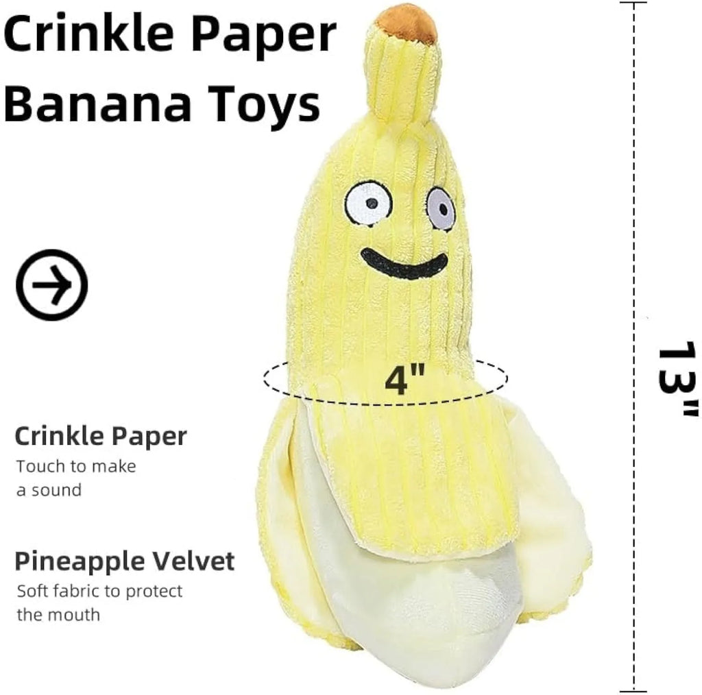 Yellow banana-shaped cat toy with crinkle paper sound feature measuring 13 inches long