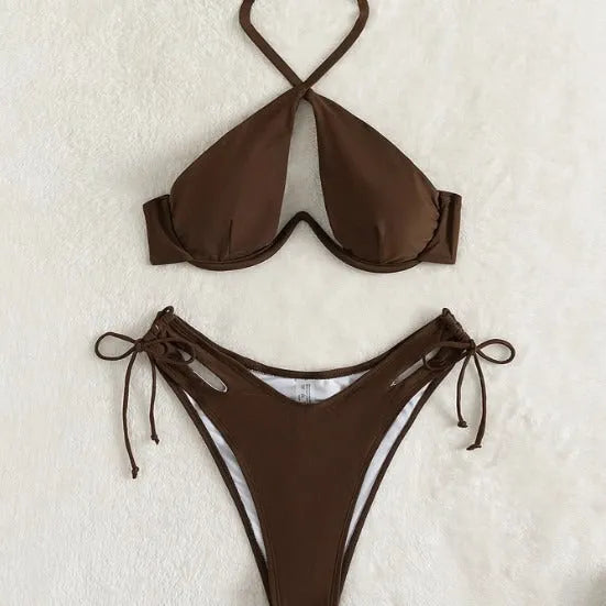 Women's solid colour halter bikini swimsuit in brown, blue or black options