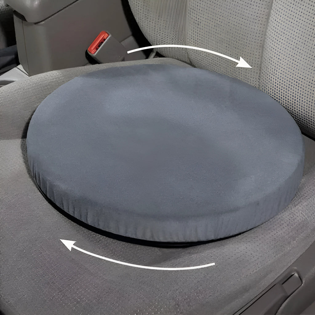 Car seat cushion with grey plush cloth cover, shown rotating on a car seat, highlighting its non-slip base.