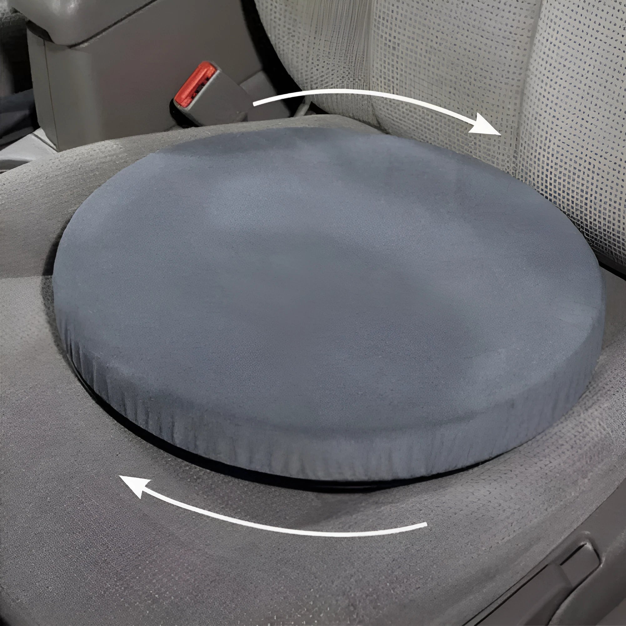 Car seat cushion with grey plush cloth cover, shown rotating on a car seat, highlighting its non-slip base.