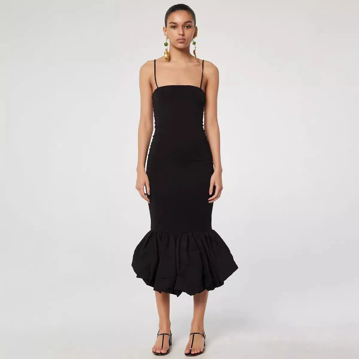Women's black cotton knitted fishtail sling dress with high waist, sleeveless summer style