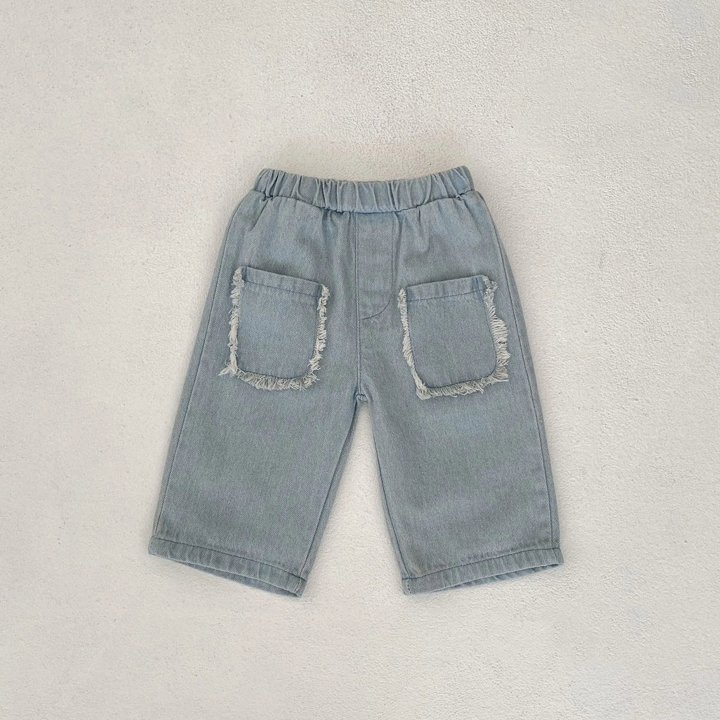 Children's cotton denim cropped pants in denim colour with hairband belt fly opening