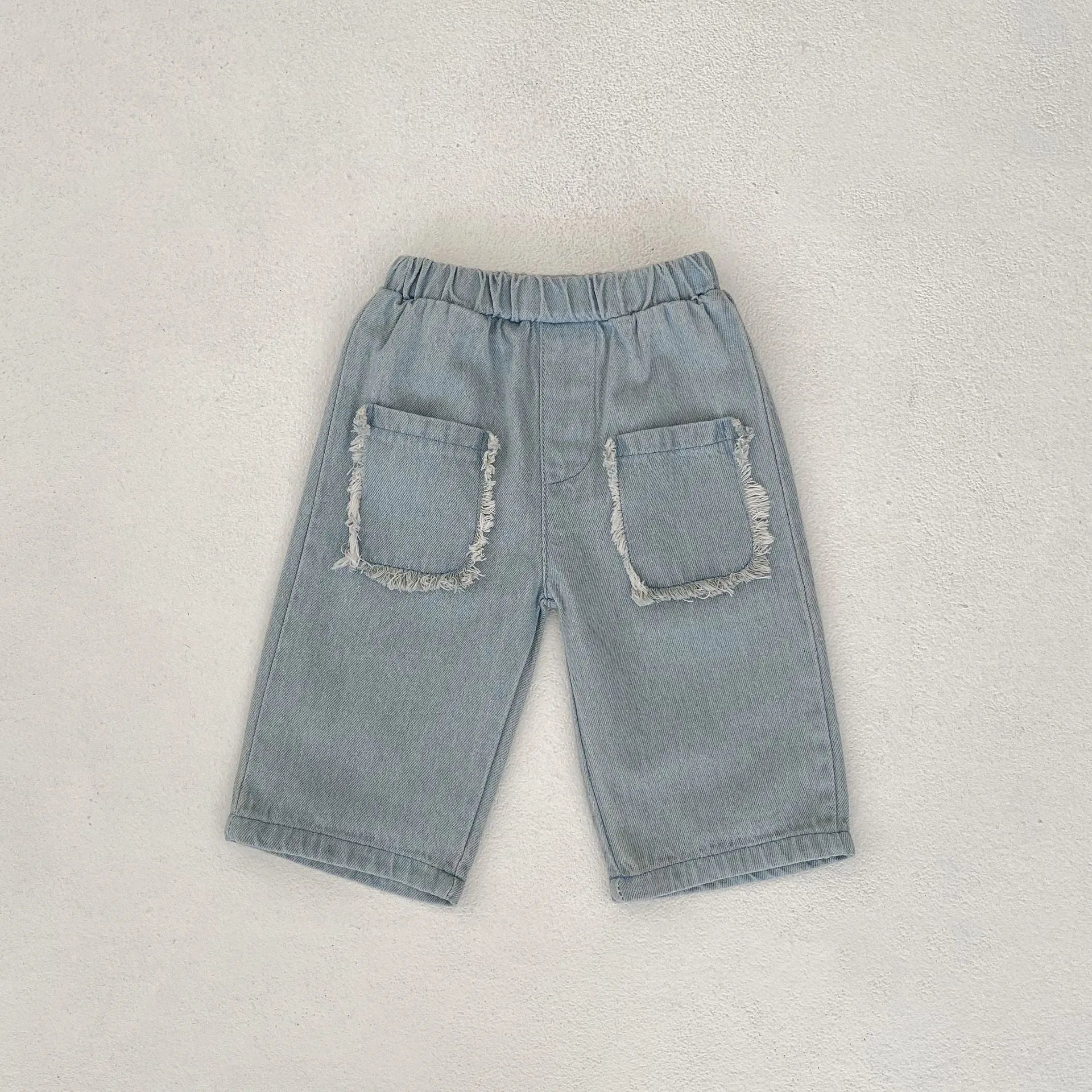 Children's cotton denim cropped pants in denim colour with hairband belt fly opening