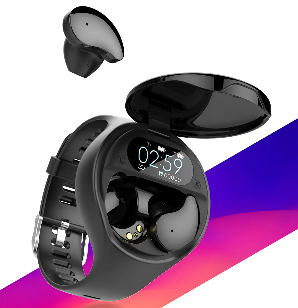 Black Bluetooth headset and smart bracelet combo watch with detachable TWS earbuds on a charging cable.