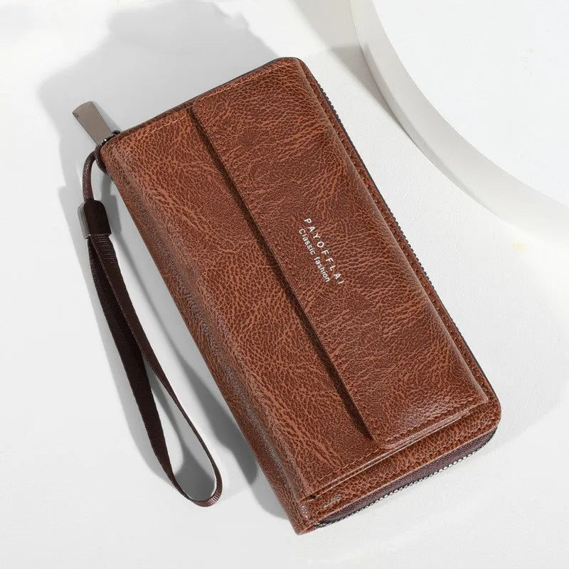 Men's black and brown PU wallet showing multiple card slots and cash compartment, closed.