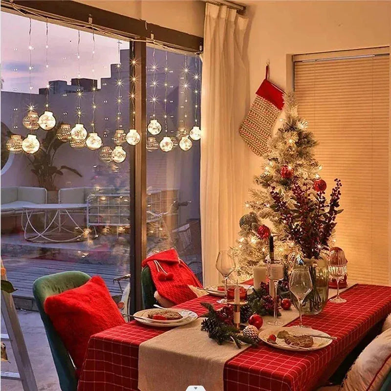10-piece LED Christmas curtain light set with snowman, tree, and Santa ornaments for window decoration