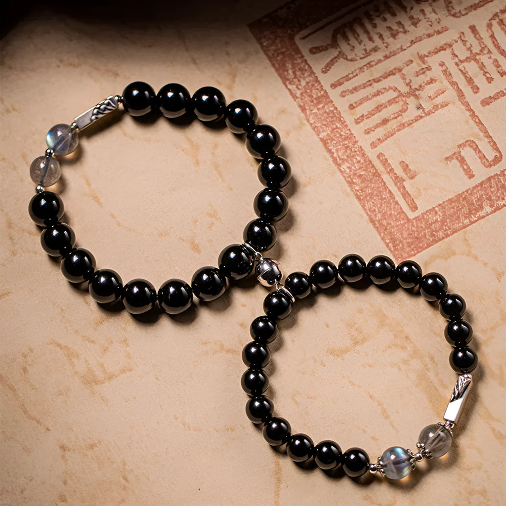 Obsidian Buddha beads couple bracelet DIY set showing 10mm and 8mm bead sizes in national style design