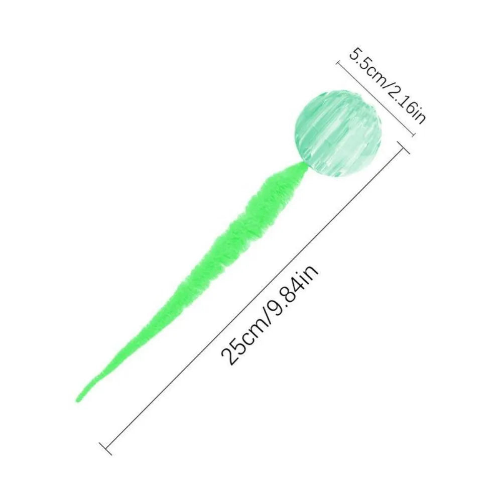 Interactive cat ball toy with worm tail attachment in green, pink, or purple colours