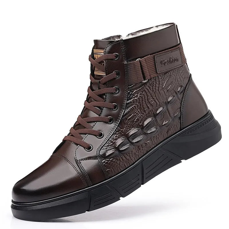 Men's black snow boots with fur lining, velvet trim, genuine leather upper, and rubber non-slip sole.