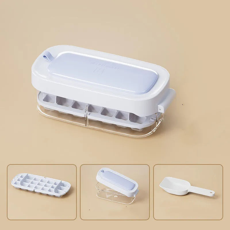 High capacity ice cube tray with grid design and integrated ice shovel storage compartment