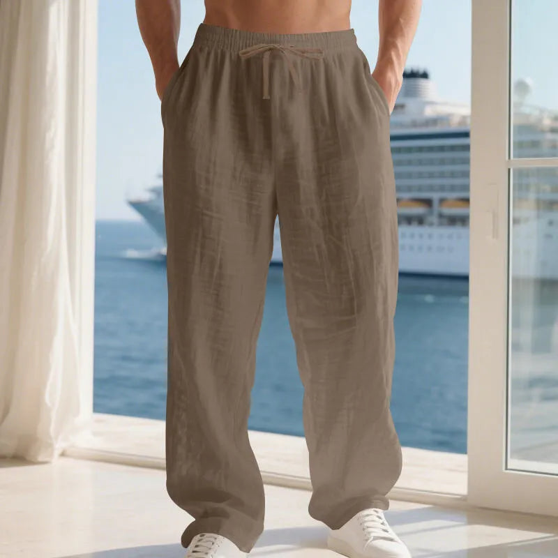 Men's linen solid colour loose fit wide leg drawstring beach trousers, straight cut, summer casual wear