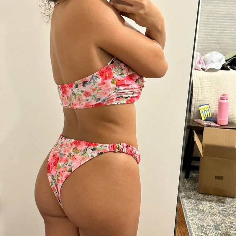 Women's tube top bikini swimsuit with lace detailing in floral print