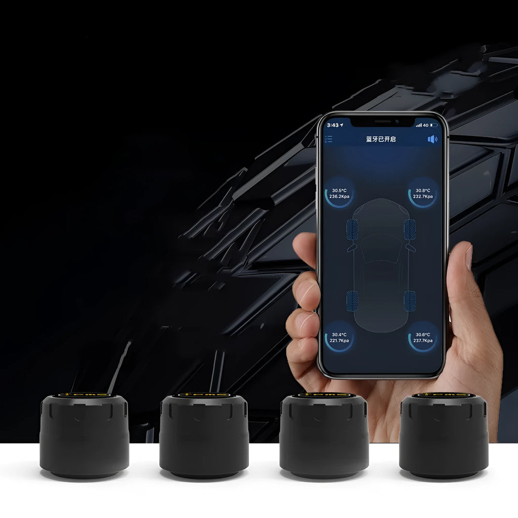 Bluetooth 5.0 automotive tire pressure monitoring system with four black external sensors, a wrench, and anti-theft screws.