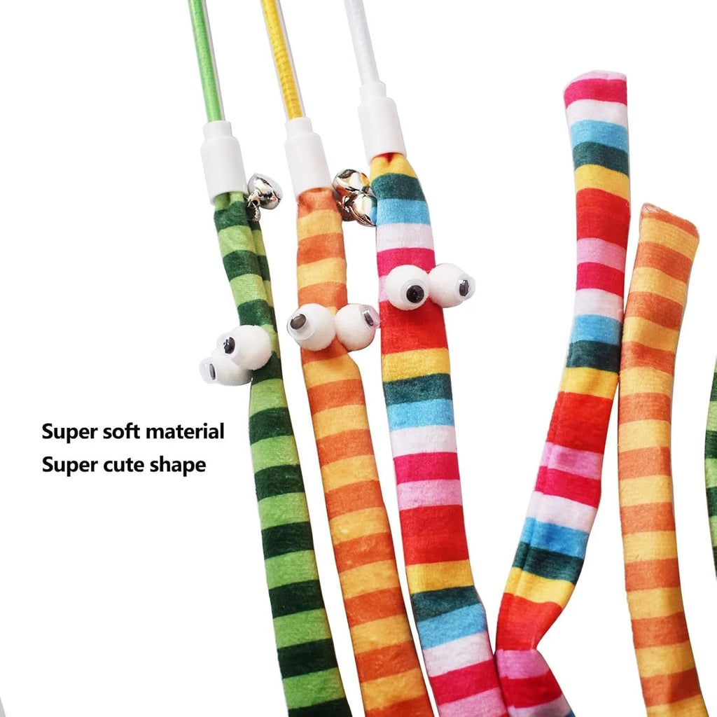 Colourful cat teaser wand with long plush strip and bell on a polycarbonate handle.