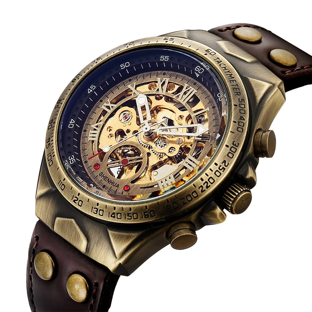 Men's automatic mechanical watch with hollowed-out round dial, 42mm alloy case, genuine leather strap, and transparent case back