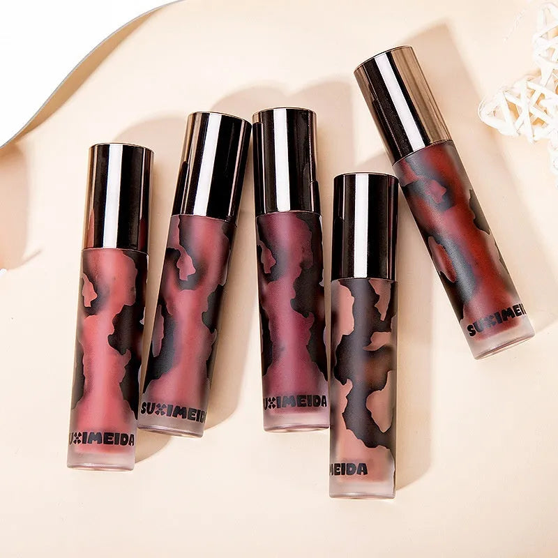 Lava Secret Matte Lip Mud Lipstick in five colour shades showing no-stain matte formula.