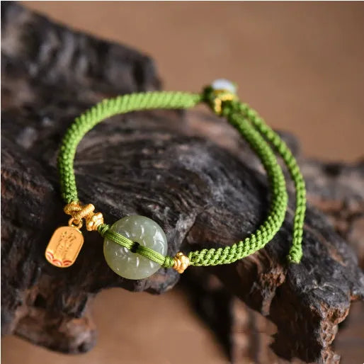 Hand-woven corn knot women's bracelet with Hetian jade peace buckle and silver safety buckle closure