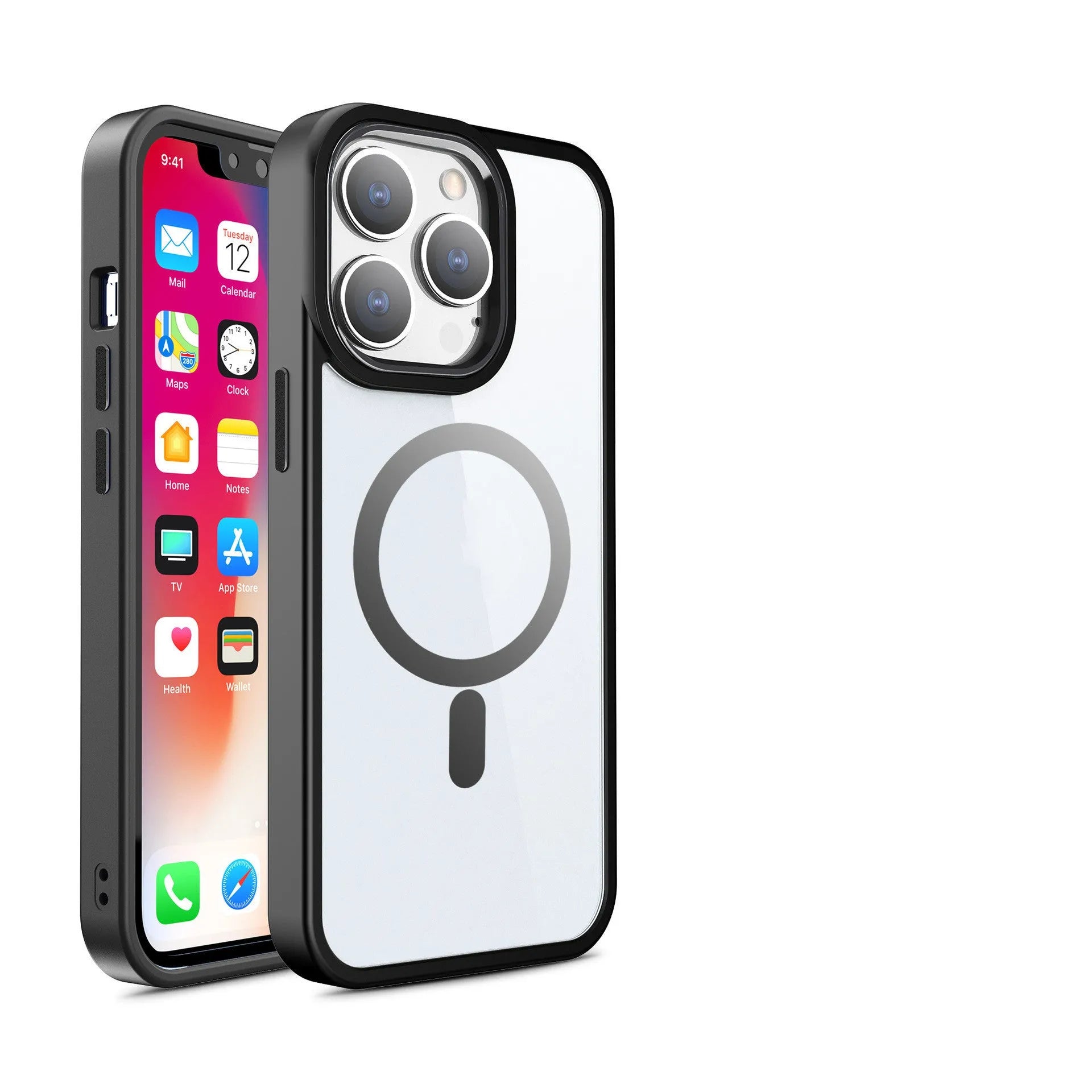 Magnetic transparent silicone phone case for iPhone on a magnetic car mount, shown in a plum red colour.