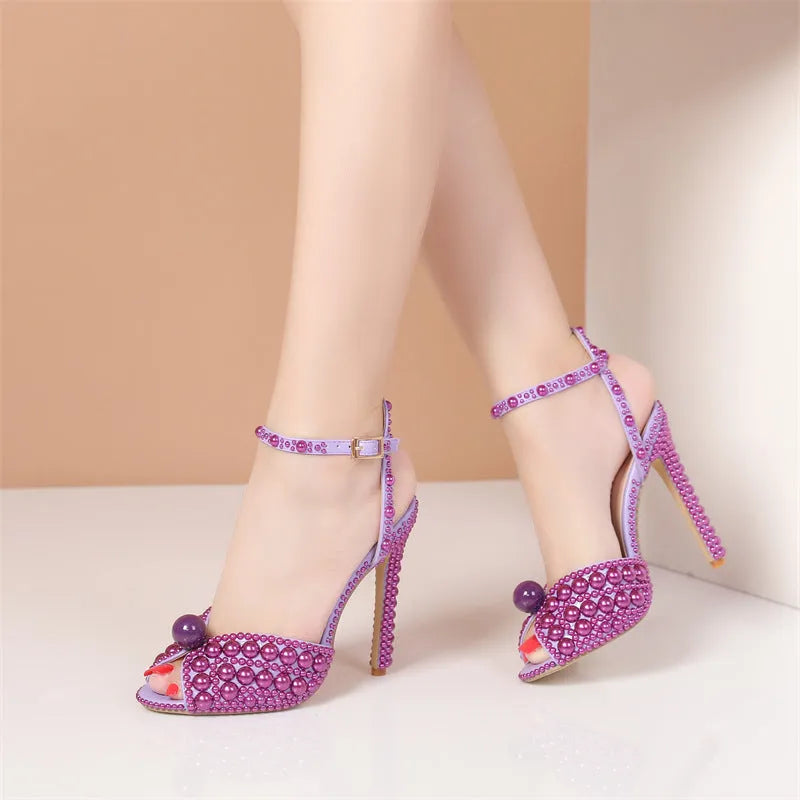 New peep-toe shallow mouth rhinestone pearl woman high-heeled shoes in beige