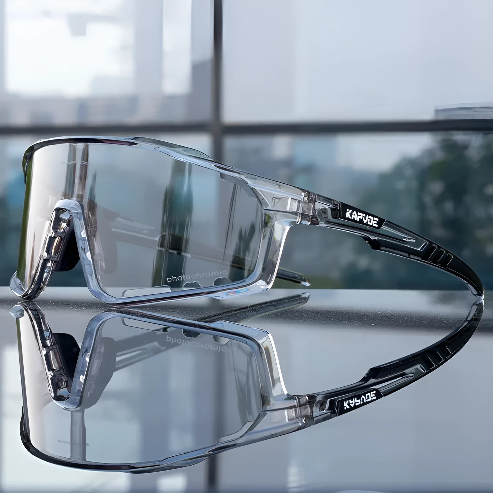 Photochromic sports sunglasses with semi-rimless TR90 frame for cycling.