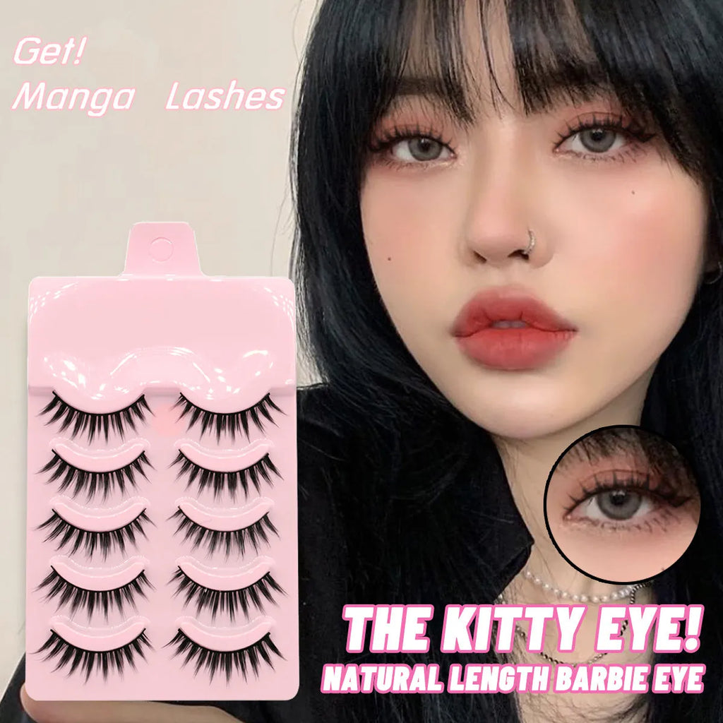Manga style false eyelashes set showing three wispy styles for anime cosplay and Korean makeup