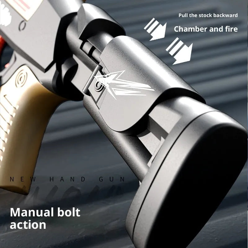 Folding throw shell XM1014 soft bullet toy gun in sand colour with manual launch mechanism, ABS material