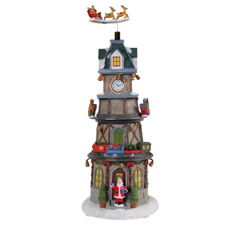 Christmas resin luminous rotating music box decoration 32cm bell tower design