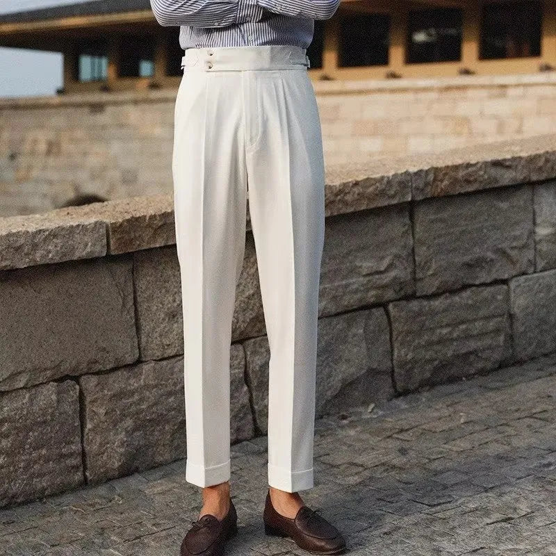 Men's slim fit straight-leg suit trousers in black, white, and apricot colours.
