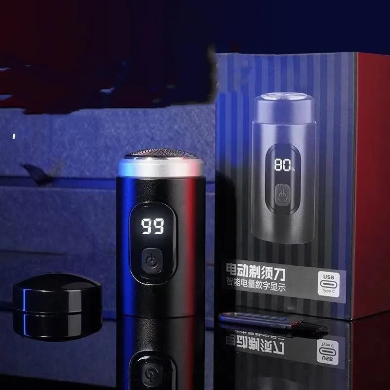 Black portable rechargeable shaver with USB cable, cleaning brush, and protective cover
