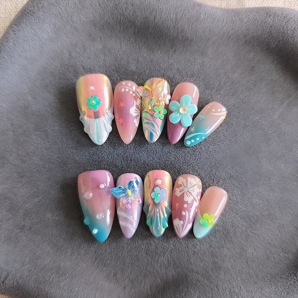 Handmade colourful floral butterfly manicure sculpture with embossed detail in four size options
