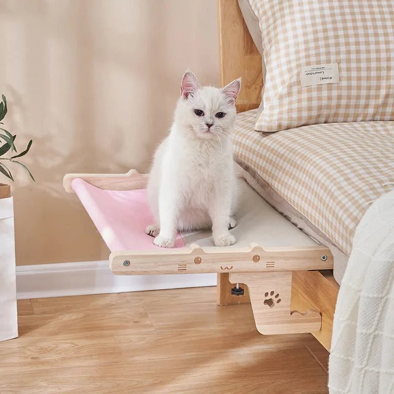 Wooden cat hanging bed mounted to window with seven style variations for balcony or bedside use