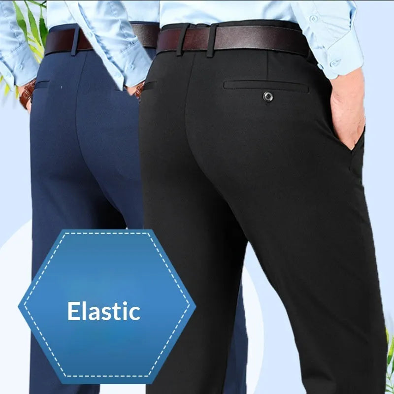 Men's autumn winter thick casual pants in sapphire blue with high elasticity waist, polyester fabric, size 29-40